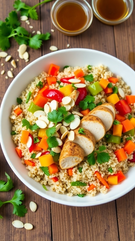 A colorful quinoa Chinese chicken salad with grilled chicken, bell peppers, carrots, and almonds in a bowl.